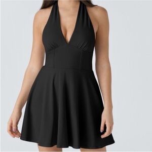 Eddie Bauer athletic dress black jersey knit halter style neck ties vneck medium